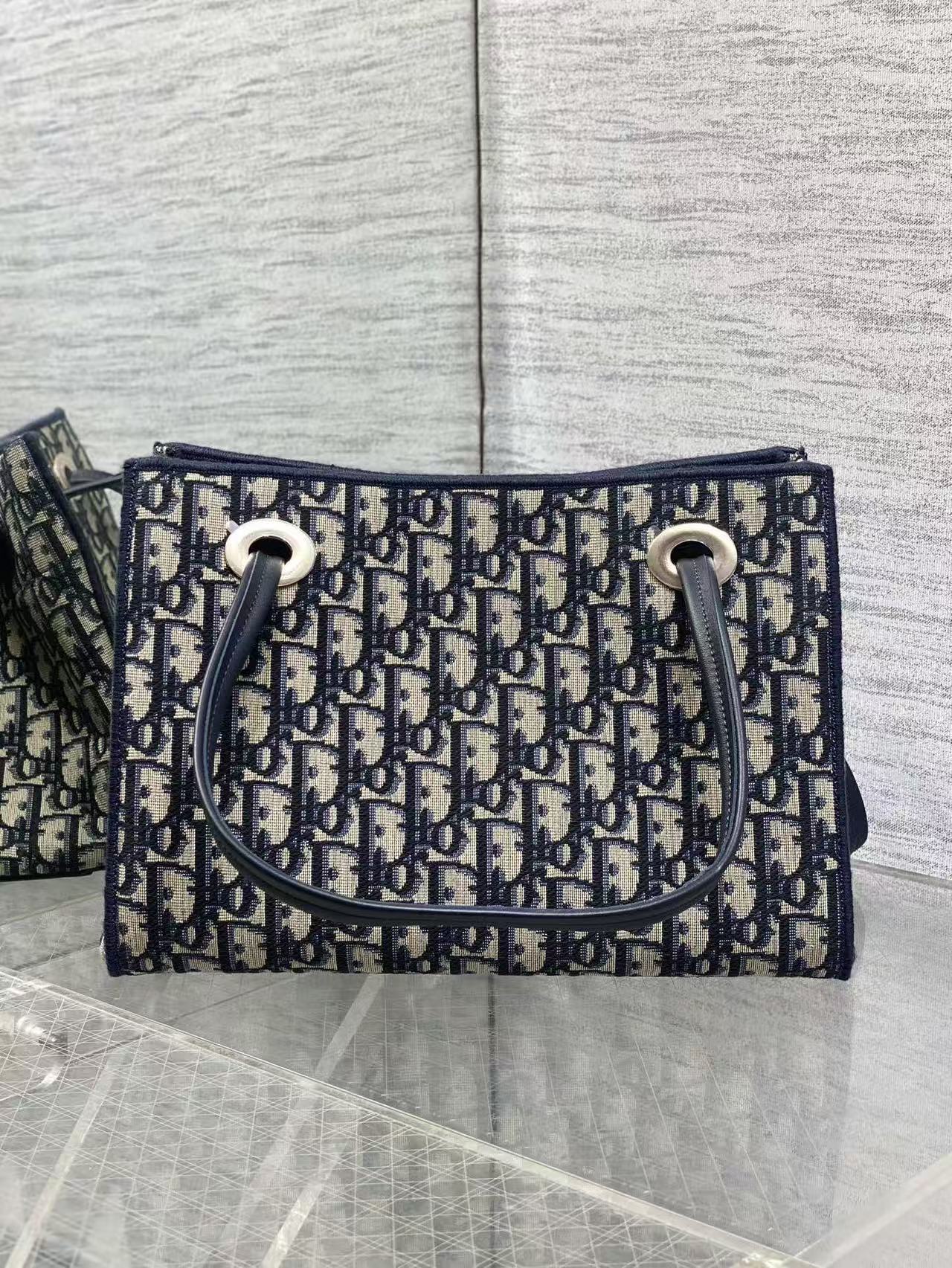 CD Medium Shopping Bag Blue Beige Oblique Jacquard Cotton Calfskin