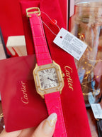 SANTOS LADY 35MM QUARTZ 35MM GOLD CASE DIAMOND BEZEL LEATHER