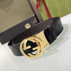 INTERLOCKING G GOLD BUCKLE 37MM BLACK BROWN LEATHER