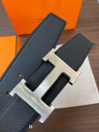 H CONTANCE BELT 38MM SILVER BUCKLE BLACK LEATHER