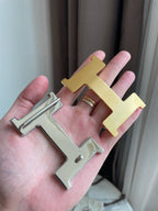 H CONTANCE BELT 38MM GOLD BUCKLE GREY BLACK LEATHER