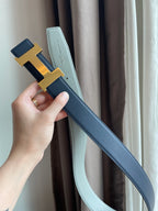 H CONSTANCE BELT 38MM GOLD BUCKLE PRUSSIAN BLUE SKY BLUE LEATHER