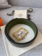 H TUBE BELT 38MM GOLD BUCKLE GREEN BLACK LEATHER