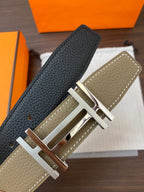 DOUBLE H BELT 32MM SILVER BUCKLE BLACK ETOUPE LEATHER