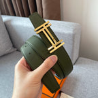 DOUBLE H REVERSIBLE BELT 32MM GOLD BUCKLE BLACK DARK GREEN LEATHER