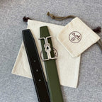 H MARIN REVERSIBLE BELT 32MM SILVER BUCKLE BLACK DARK GREEN LEATHER