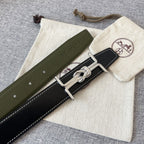 H MARIN REVERSIBLE BELT 32MM SILVER BUCKLE BLACK DARK GREEN LEATHER