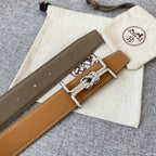 H MARIN REVERSIBLE BELT 32MM SILVER BUCKLE GOLD TIN GREY LEATHER