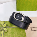 G BELT SILVER BUCKLE BLACK LEATHER 4.0CM