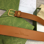 G BELT GOLD SQUARE INSTALL BUCKLE BROWN LEATHER 3.5CM
