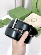 G BELT SILVER SQUARE INSTALL BUCKLE BLACK LEATHER 4.0CM