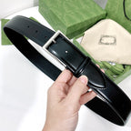 G BELT SILVER SQUARE INSTALL BUCKLE BLACK LEATHER 4.0CM