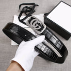 G BELT SILVER BUCKLE CROCODILE POLISHED BLACK  3.8CM