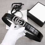 G BELT SILVER BUCKLE CROCODILE POLISHED BLACK  3.8CM