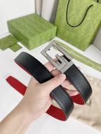 G BELT SILVER BUCKLE RED BLACK LEATHER 3.5CM
