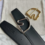 H BELT HORSE BUCKLE BLACK LEATHER REVERSIBLE  3.8CM