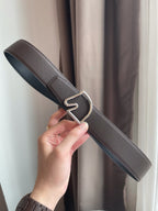H BELT HORSE BUCKLE DARK BROWN BLACK LEATHER REVERSIBLE  3.8CM
