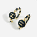 DOUBLE C BLACK LEATHER GOLD HOOP EARRINGS