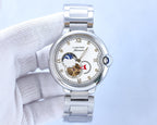 BALLON BLEU 36MM OPEN HEART PINK DIAMOND NUMERALS STEEL STRAP