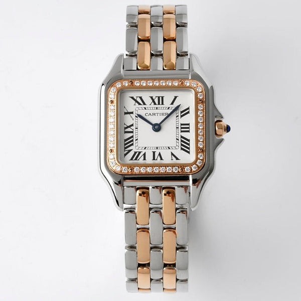 PANTHERE 27MM PINK GOLD SILVER CASE DIAMOND BEZEL WHITE DIAL