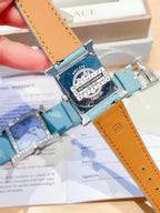 HM HEURE H 26 SILVER BLUE DIAL DIAMOND BEZEL EPSOM LEATHER