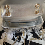 FLAP BAG MINI RECTANGE 20CM SILVER METALIC CALFSKIN
