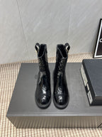 CC 25S Round-Toe Zippered Ankle Boots in Black Glossy Cowhide and Embroidered Latticework 442502