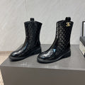 CC 25S Round-Toe Zippered Ankle Boots in Black Glossy Cowhide and Embroidered Latticework 442502