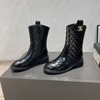 CC 25S Round-Toe Zippered Ankle Boots in Black Glossy Cowhide and Embroidered Latticework 442502