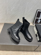 CC 25S Round-Toe Electric Embroidered Thick-Sole Ankle Boots in Black Cowhide and Embroidered Latticework 442495