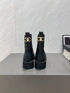 CC 25S Round-Toe Electric Embroidered Thick-Sole Ankle Boots in Black Cowhide and Embroidered Latticework 442495