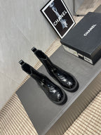 CC 25S Round-Toe Electric Embroidered Thick-Sole Ankle Boots in Black Glossy Cowhide and Embroidered Latticework 442494