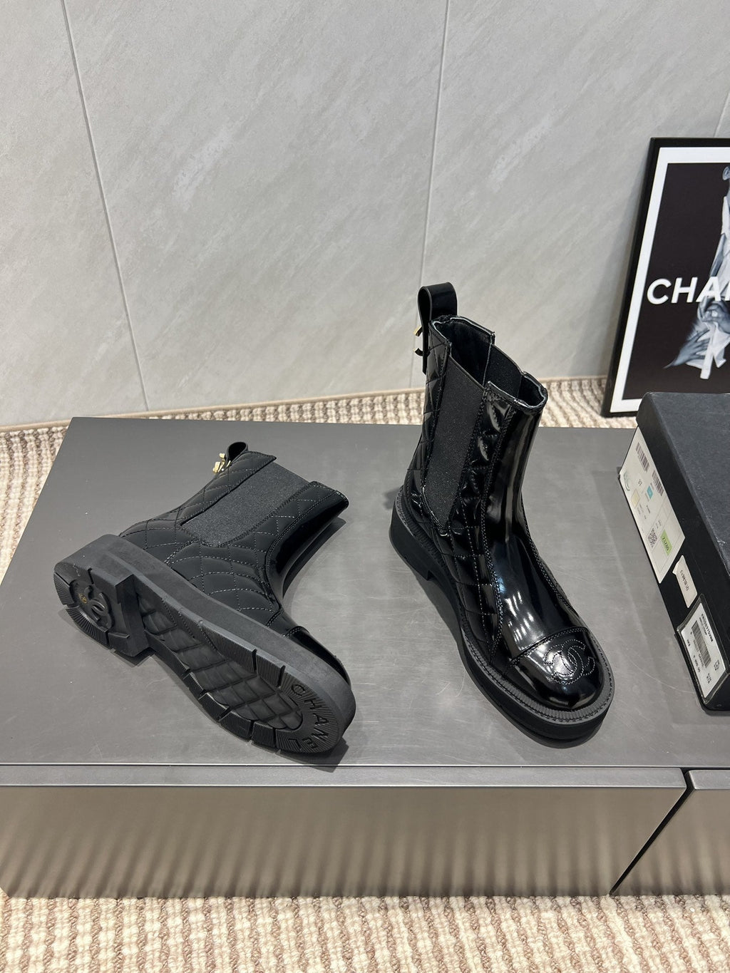 CC 25S Round-Toe Electric Embroidered Thick-Sole Ankle Boots in Black Glossy Cowhide and Embroidered Latticework 442494