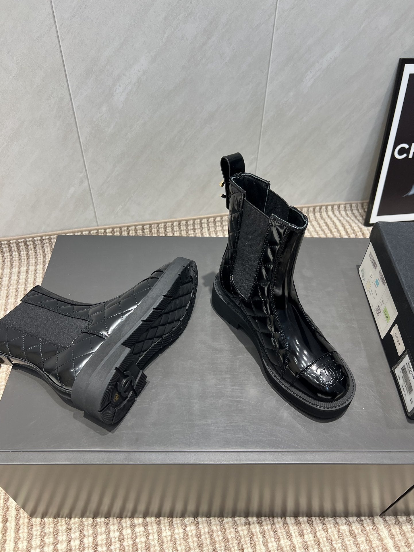 CC 25S Round-Toe Electric Embroidered Thick-Sole Ankle Boots in Black Glossy Cowhide and Embroidered Latticework 442494