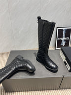CC 25S Round Toe Mid-Heel Zippered High Boots in Black Cowhide and Embroidered Latticework 442493