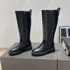 CC 25S Round Toe Mid-Heel Zippered High Boots in Black Glossy Cowhide and Embroidered Latticework 442492