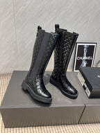 CC 25S Round Toe Mid-Heel Zippered High Boots in Black Glossy Cowhide and Embroidered Latticework 442492