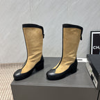 CC 25S Round Toe Mid-Heel Zippered High Boots in Brown Black Cowhide 442488