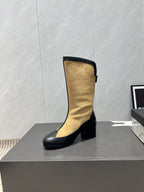CC 25S Round Toe Mid-Heel Zippered High Boots in Brown Black Cowhide 442488