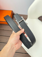 H JUMPING BELT 38MM SILVER BUCKLE & REVERSIBLE BLACK LEATHER