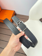 H VOLTE-FACE BELT 38MM SILVER BUCKLE & REVERSIBLE BLACK LEATHER