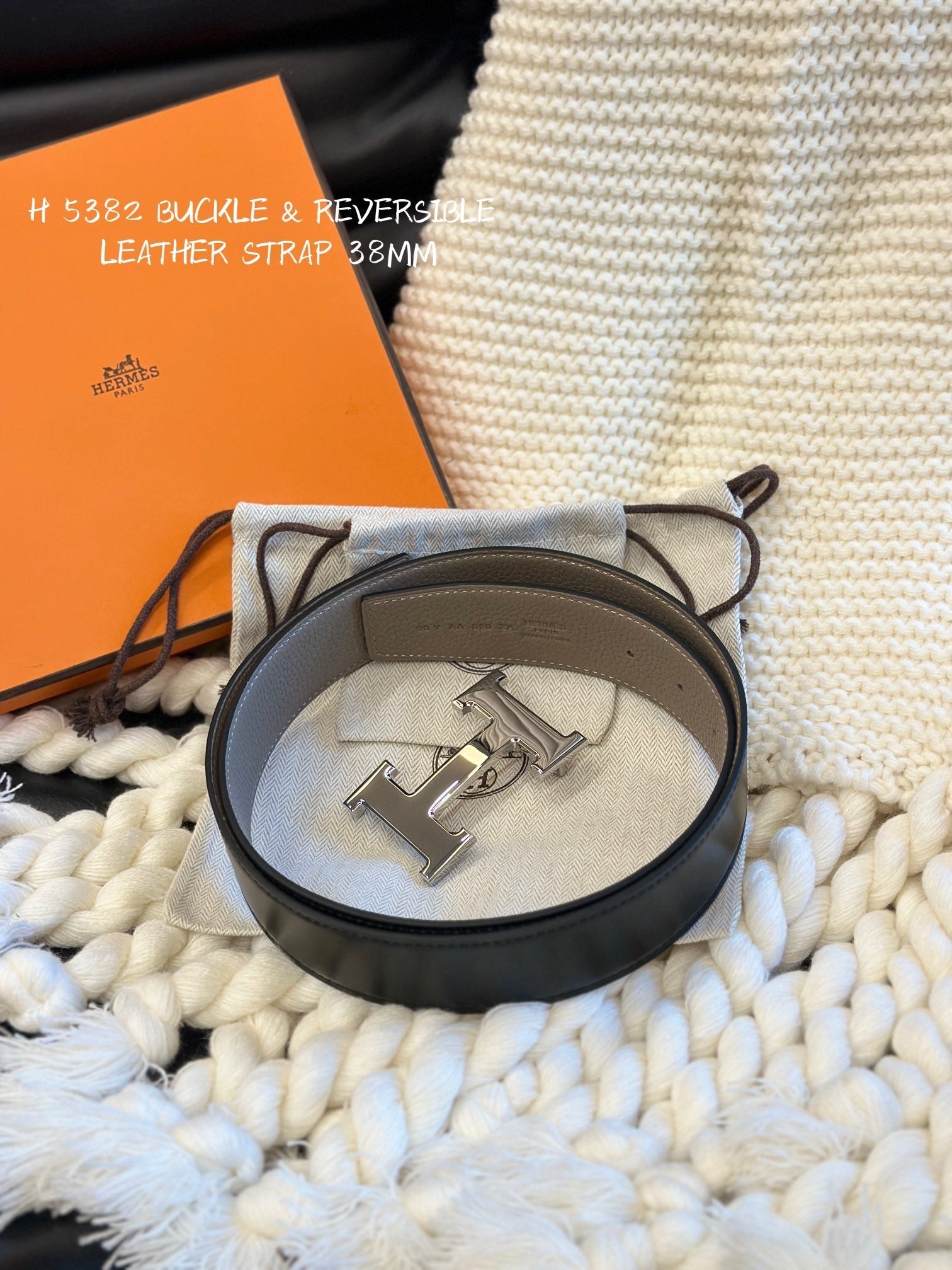 H 5382 BELT 38MM SILVER BUCKLE & REVERSIBLE BEIGE AND BLACK LEATHER
