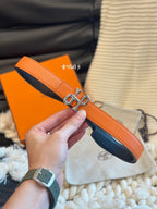 H COR BAROQUE BELT 24MM SILVER BUCKLE & REVERSIBLE ORANGE AND BLACK LEATHER
