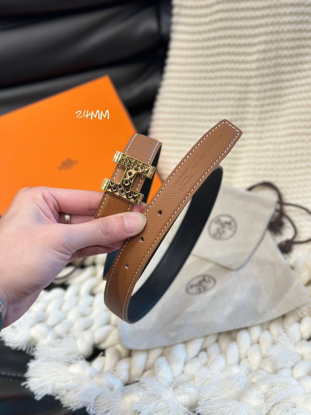 H GARDEN PARTY BELT 24MM GOLD BUCKLE & REVERSIBLE BROWN AND BLACK LEATHER