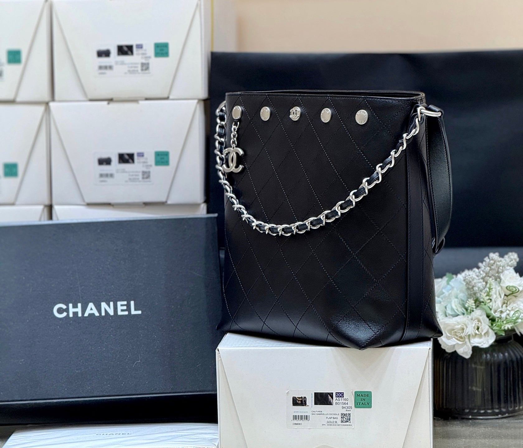 CC 25P Rivet Bucket Bag Silver Hardware in Black Polished Lambskin