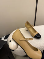 CC 25A Double C Giant Pearl Heel Mary Janes Beige Cowhide 127022