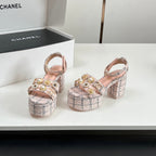 Chanel 25P High-heeled Sandals Pink Tweed Leather 175334