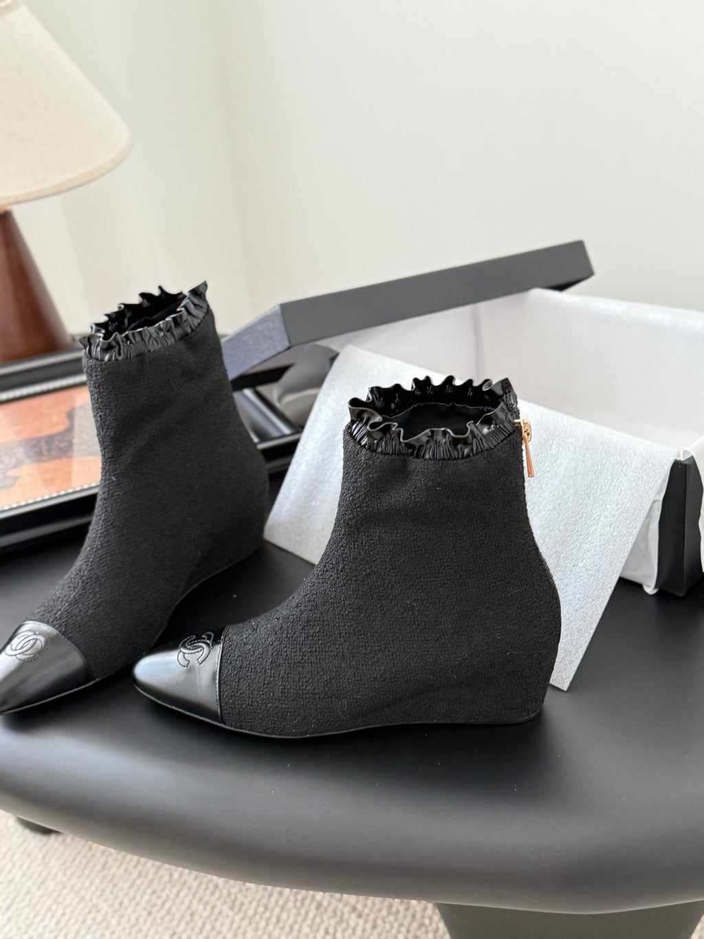 CC 25P Show-Style Platform Wedge Mary Jane Boots Black Cowhide and Tweed 458773