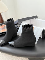 CC 25P Show-Style Platform Wedge Mary Jane Boots Black Cowhide and Tweed 458773
