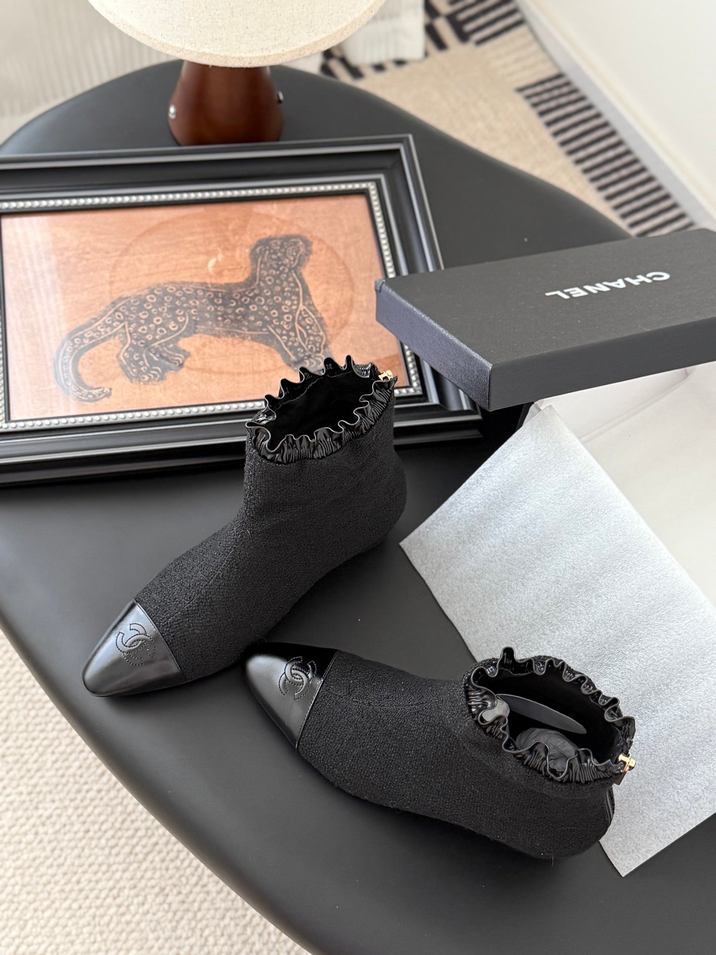 CC 25P Show-Style Platform Wedge Mary Jane Boots Black Cowhide and Tweed 458773